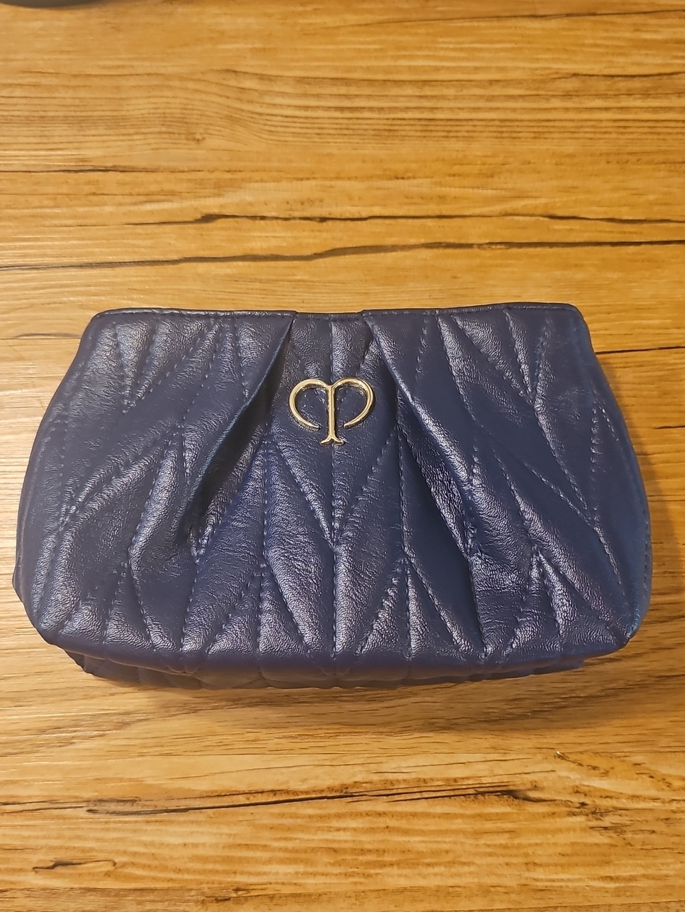 Cle De Peau Quilted Navy Leather Cosmetic Makeup Bag Case with Gold Logo